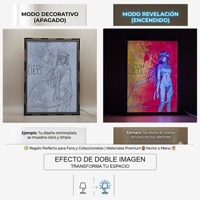 Lámpara ánime/manga  Elfen Lied  con doble imagen del personaje Lucy, vista apagada y encendida, donde se revela la ilustración completa al encender la luz LED.