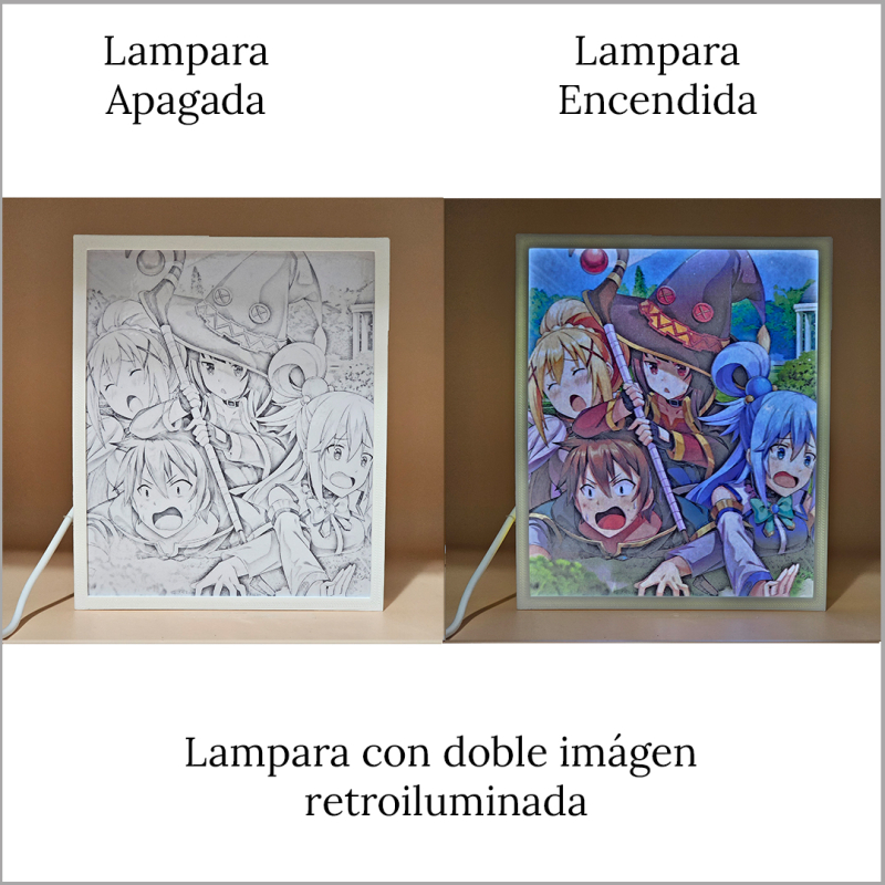 Lámpara ánime/manga  KonoSuba  con doble imagen del grupo Megumin, Kazuma Satō, Darkness y Aqua, vista apagada y encendida, donde se revela la ilustración completa al encender la luz LED.