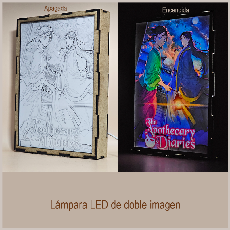 Lámpara ánime/manga  Los Diarios de la Boticaria  con doble imagen de la pareja Maomao y Jinshi, vista apagada y encendida, donde se revela la ilustración completa al encender la luz LED.