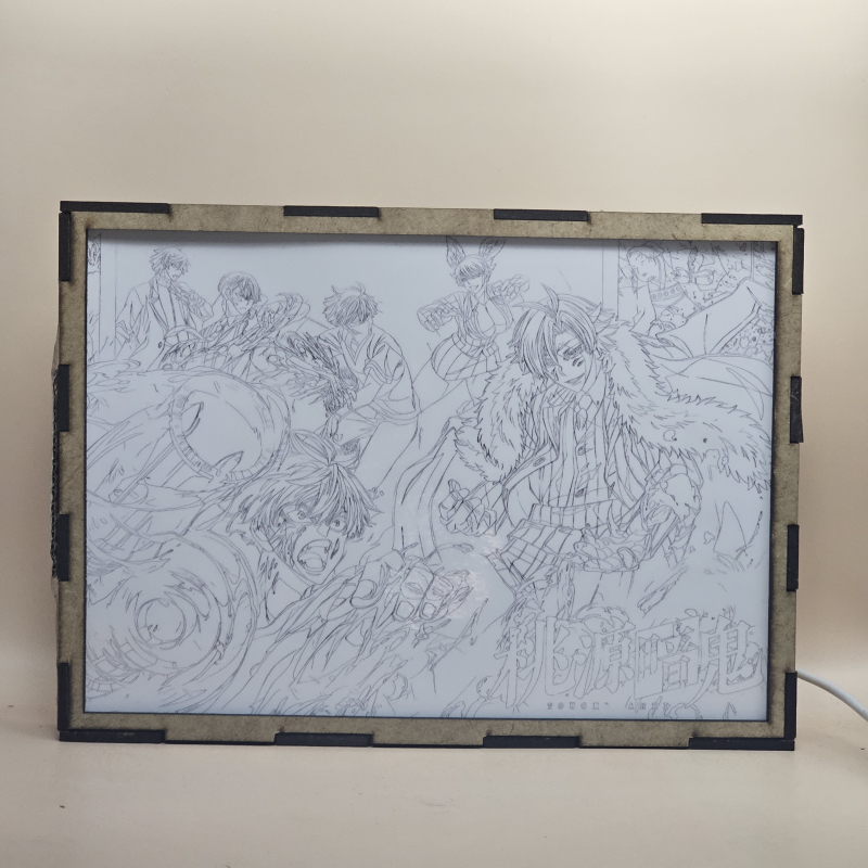 Lámpara ánime/manga  Tōgen Anki  con doble imagen del grupo Shiki Ichinose, Naito Mudano, Tsubakiri Momomiya, Jin Kougasaki, Yomogi Momokusa y Kyoya Oiranzaka, vista apagada, se esconde la imágen de atras.