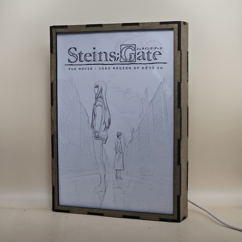 Lámpara ánime/manga  Steins;Gate  con doble imagen de la pareja Kurisu Makise y Rintaro Okabe, vista apagada, se esconde la imágen de atras.