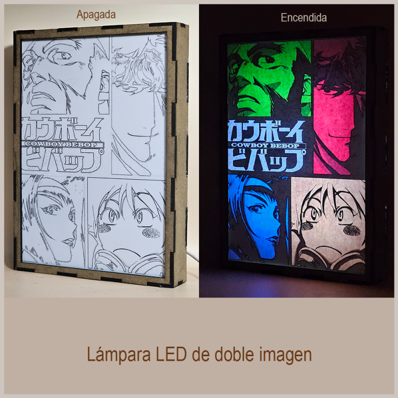 Lámpara ánime/manga  Cowboy Bebop  con doble imagen del grupo Spike Spiegel, Jet Black, Faye Valentine y Ed, vista apagada y encendida, donde se revela la ilustración completa al encender la luz LED.