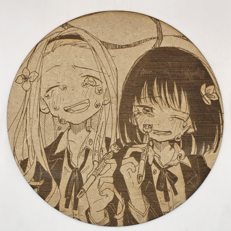 grabado laser en mdf ánime/manga, Shizuka Kuze y Marina Kirarazaka, El pecado original de Takopi , decoración otaku, decoración ánime/manga