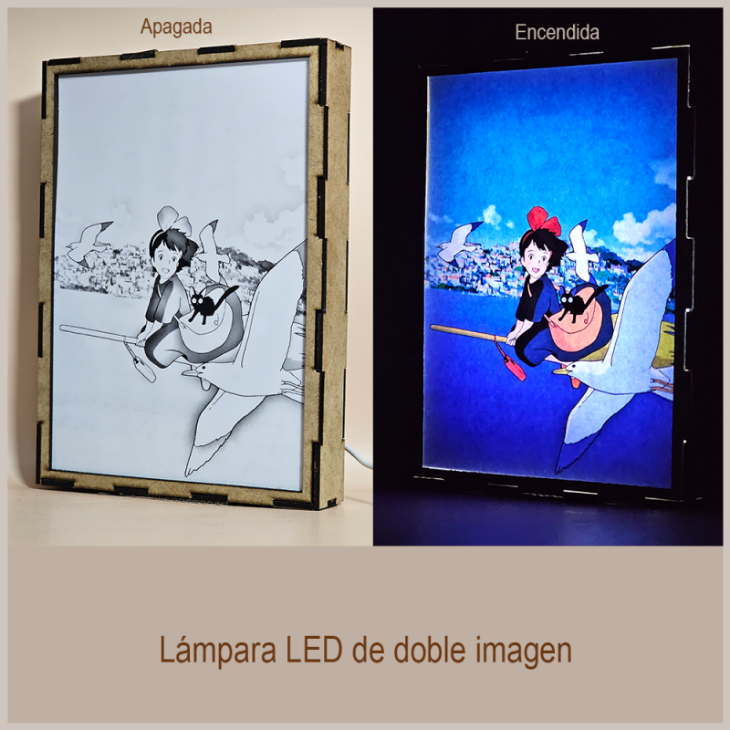 Lámpara ánime  Kiki: Entregas a domicilio  con doble imagen de la pareja Kiki y Jiji, vista apagada y encendida, donde se revela la ilustración completa al encender la luz LED.