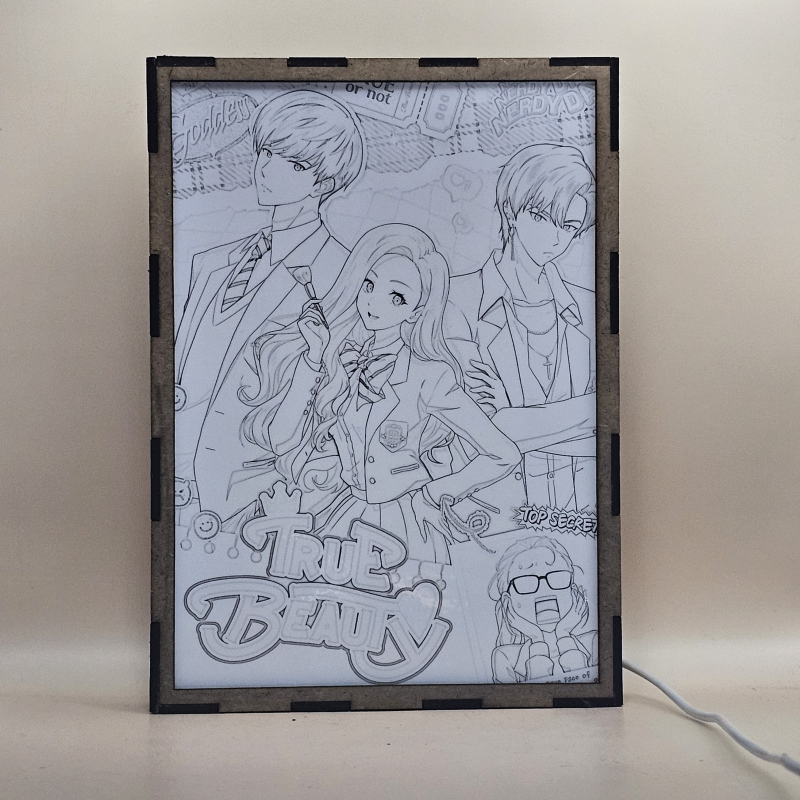 Lámpara ánime/manga  True Beauty  con doble imagen del grupo Lim Ju-kyung, Lee Su-ho y Han Seo-jun, vista apagada, se esconde la imágen de atras.