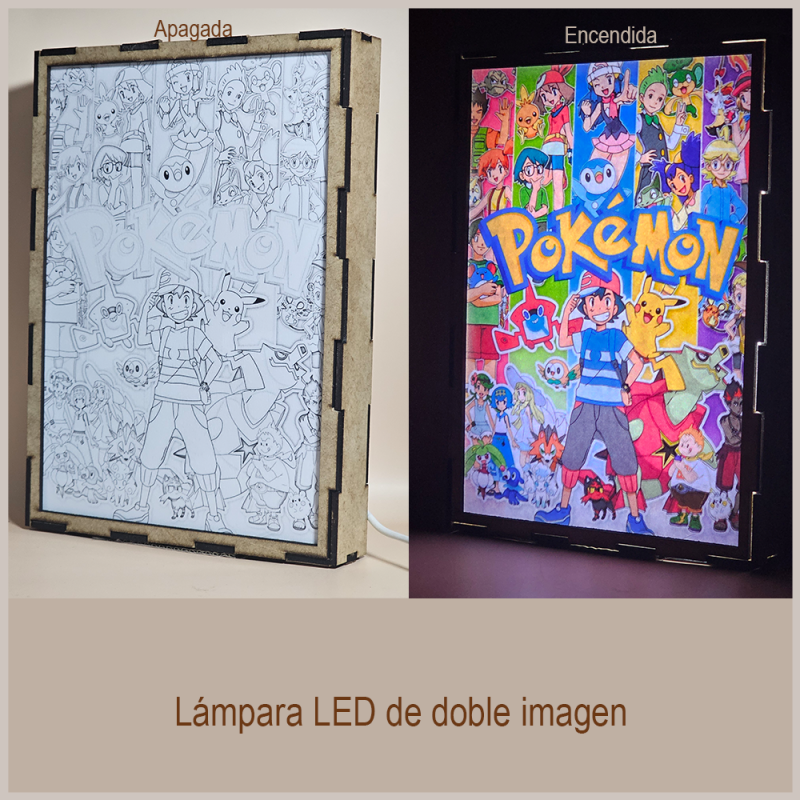 Lámpara ánime/manga  Pokémon  con doble imagen del grupo Ash Ketchum, Pikachu, Misty, Brock, Maya, Aura, Lem, Serena, Iris y Millo, vista apagada y encendida, donde se revela la ilustración completa al encender la luz LED.