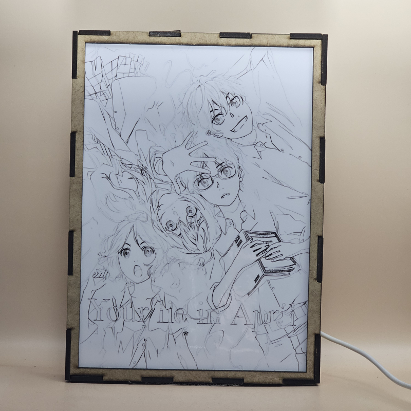 Lámpara ánime/manga  Your Lie in April  con doble imagen del grupo Kaori Miyazono, Kousei Arima, Tsubaki Sawabe y Ryota Watari, vista apagada, se esconde la imágen de atras.