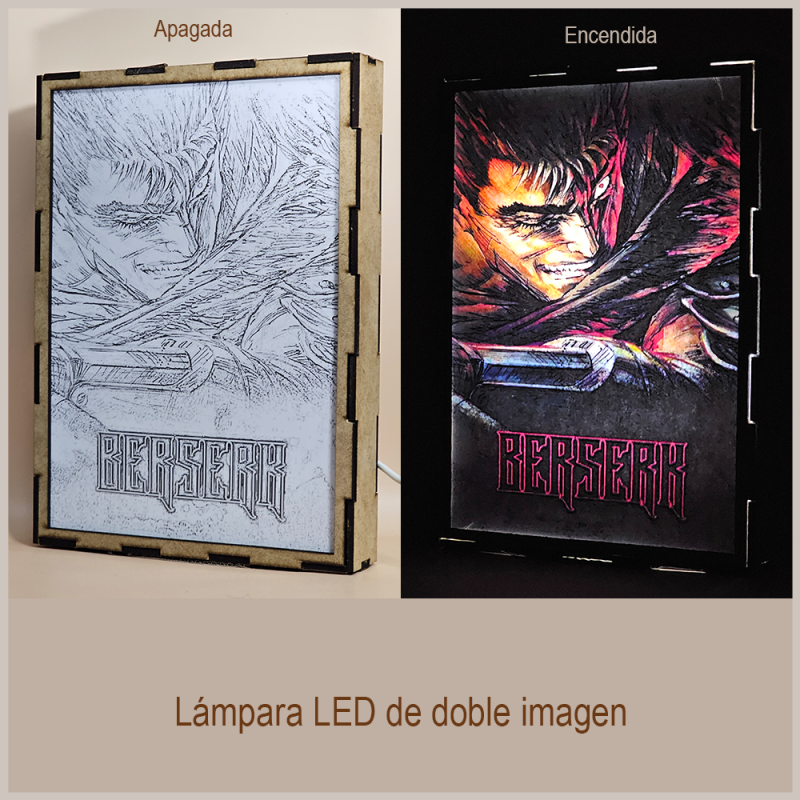 Lámpara ánime/manga  Berserk  con doble imagen del personaje Guts, vista apagada y encendida, donde se revela la ilustración completa al encender la luz LED.