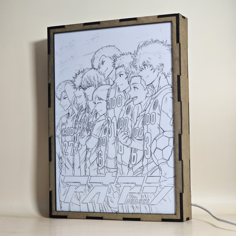 Lámpara ánime/manga  Aoashi  con doble imagen del grupo Ashito Aoi, Eisaku Ôtomo, Yuma Motoki, Keiji Togashi, Soichiro Tachibana, Kanpei Kuroda, Martis Jun Asari y Nagisa Akutsu, vista apagada, se esconde la imágen de atras.