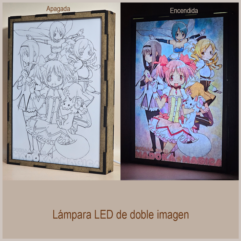 Lámpara ánime/manga  Puella Magi Madoka Magica  con doble imagen del grupo Madoka Kaname, Homura Akemi, Mami Tomoe, Sayaka Miki y Kyubey, vista apagada y encendida, donde se revela la ilustración completa al encender la luz LED.