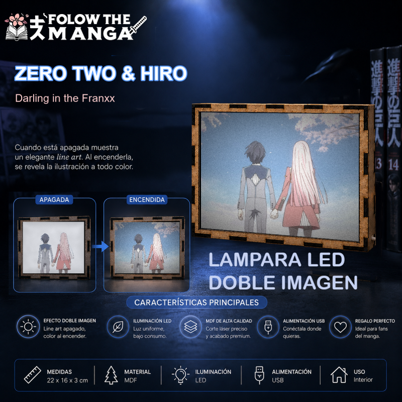 Lámpara LED de Zero Two y Hiro de Darling in the Franxx cogidos de la mano bajo flores de cerezo