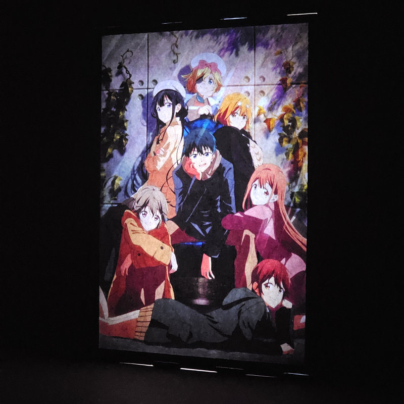 Lámpara ánime/manga  Masamune-kun no Revenge  con doble imagen del grupo Aki Adagaki, Muriel Besson, Neko Fujinomiya, Masamune Makabe, Yoshino Koiwai, Tae Futaba y Kojuro Shuri, vista encendida, donde se revela la ilustración completa al encender la luz LED.