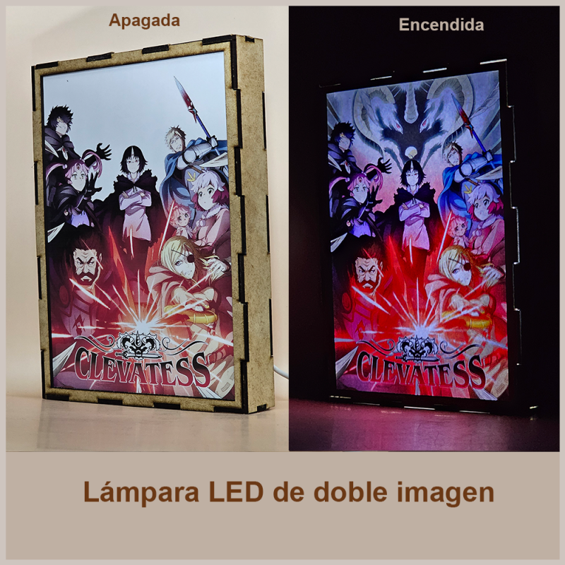 Lámpara ánime/manga  Clevatess  con doble imagen del grupo Klen, Alicia, Nelluru, Luna, Clevatess, Dorel, Naie, Maynard y Rod Royes, vista apagada y encendida, donde se revela la ilustración completa al encender la luz LED.