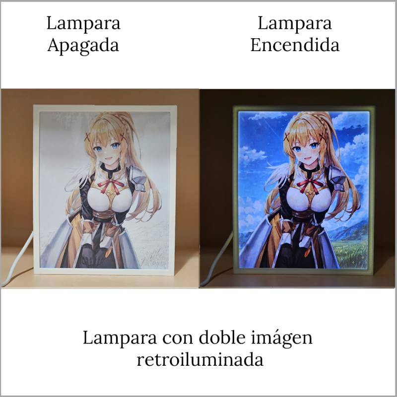 Lámpara ánime/manga  KonoSuba  con doble imagen del personaje Darkness, vista apagada y encendida, donde se revela la ilustración completa al encender la luz LED.