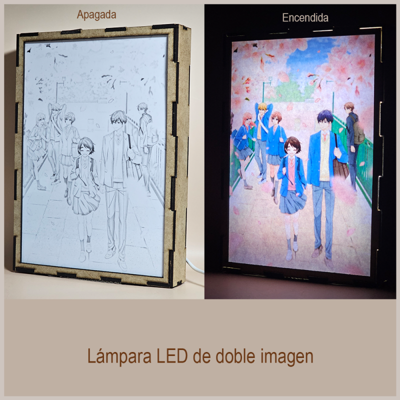 Lámpara ánime/manga  Una enfermedad llamada amor  con doble imagen del grupo Hotaru Hinase, Saki Hananoi, Hibiki Asami, Tsukiha Shibamura, Keigo Kurata y Sōhei Yao, vista apagada y encendida, donde se revela la ilustración completa al encender la luz LED.
