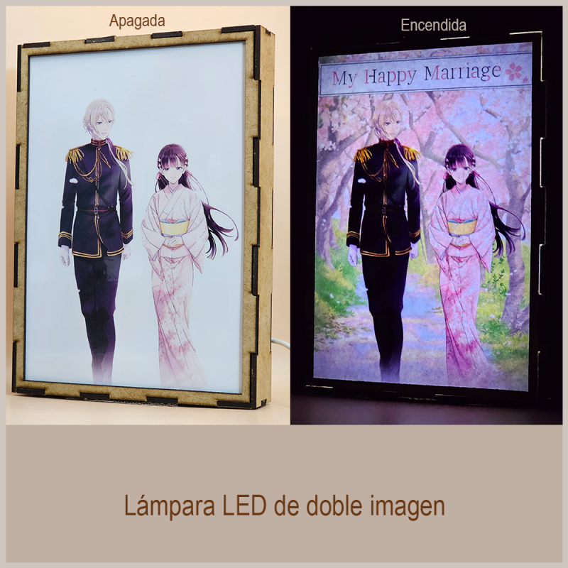 Lámpara ánime/manga  My Happy Marriage  con doble imagen de la pareja Miyo Saimori y Kiyoka Kudou, vista apagada y encendida, donde se revela la ilustración completa al encender la luz LED.