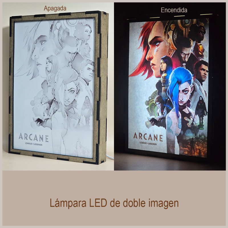 Lámpara ánime/manga  Arcane  con doble imagen del grupo Vi, Jinx, Caitlyn, Jayce, Silco, Viktor, Ekko y Mel Medarda, vista apagada y encendida, donde se revela la ilustración completa al encender la luz LED.