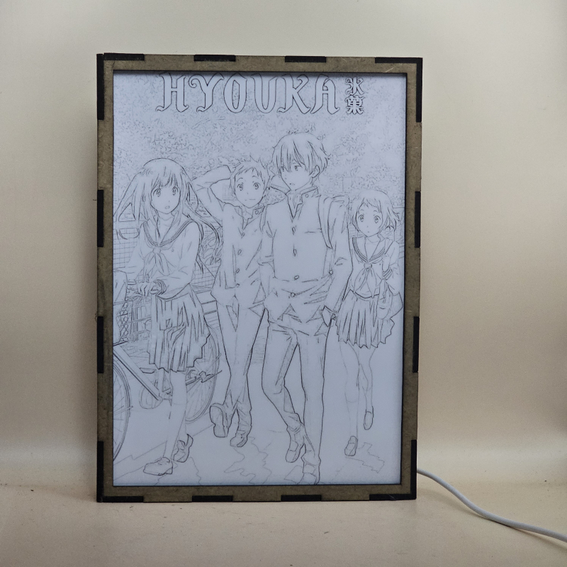 Lámpara ánime/manga  Hyouka  con doble imagen del grupo Eru Chitanda, Satoshi Fukube, Houtarou Oreki y Mayaka Ibara, vista apagada, se esconde la imágen de atras.