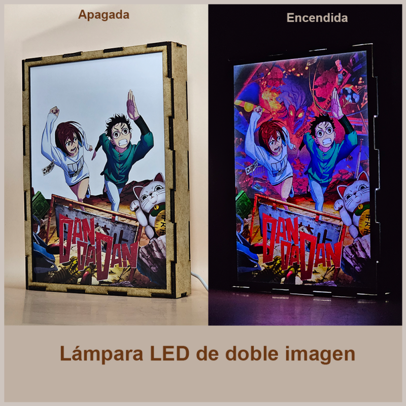 Lámpara ánime/manga  DAN DA DAN  con doble imagen de la pareja Okarun y Momo Ayase, vista apagada y encendida, donde se revela la ilustración completa al encender la luz LED.