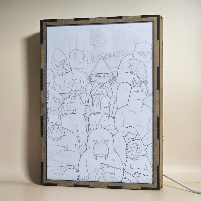 Lámpara ánime/manga  Odd Taxi  con doble imagen del grupo Morsa, Gibón, Gorila, Jabalí, Caballo, Zorro, Babuino, Dobu y Oso Polar, vista apagada, se esconde la imágen de atras.