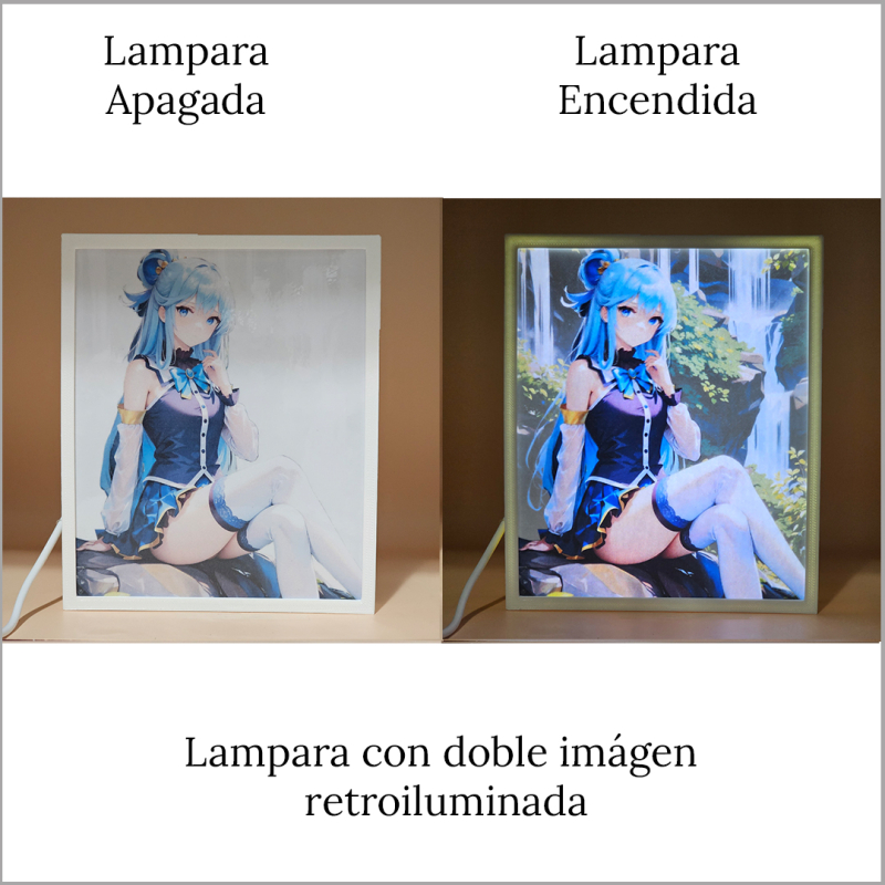 Lámpara ánime/manga  KonoSuba  con doble imagen del personaje Aqua, vista apagada y encendida, donde se revela la ilustración completa al encender la luz LED.