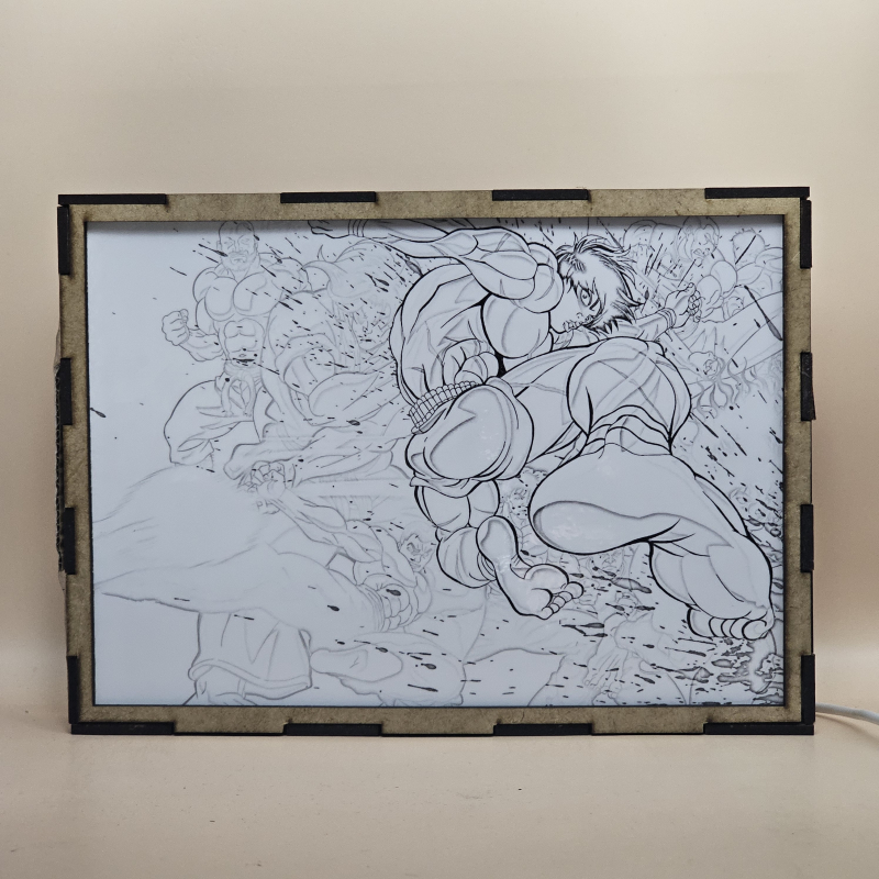 Lámpara ánime/manga  Baki  con doble imagen del personaje Baki Hanma, vista apagada, se esconde la imágen de atras.