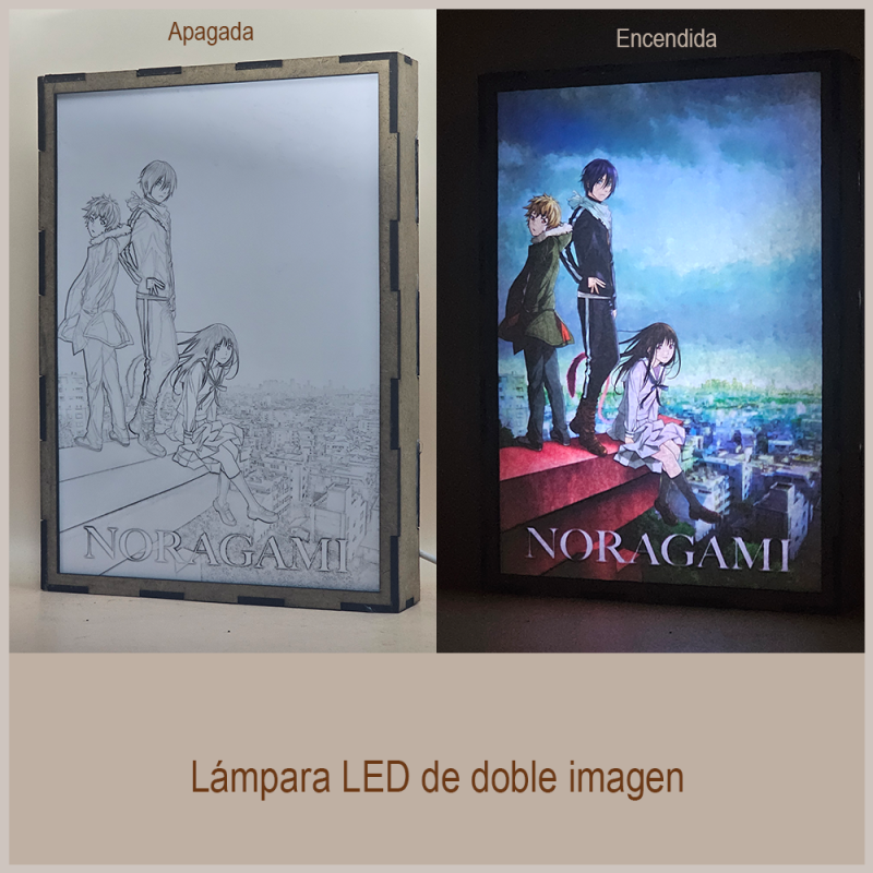 Lámpara ánime/manga  Noragami  con doble imagen del grupo Yato, Hiyori Iki y Yukine, vista apagada y encendida, donde se revela la ilustración completa al encender la luz LED.