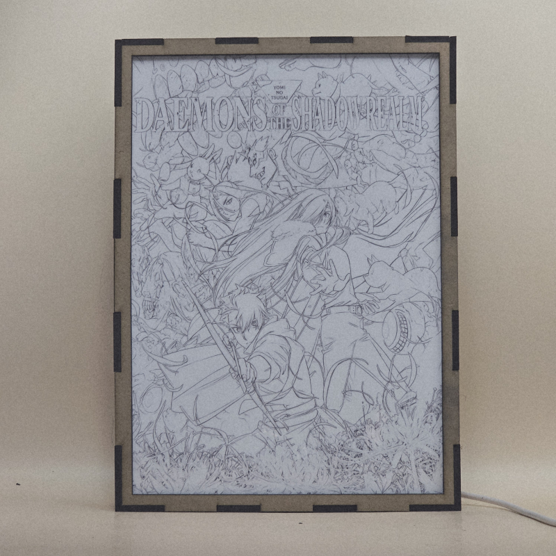 Lámpara ánime/manga  Daemons of the Shadow Realm  con doble imagen de la pareja Yuru y Asa, vista apagada, se esconde la imágen de atras.