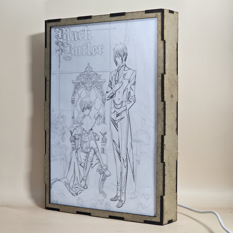 Lámpara ánime/manga  Black Butler  con doble imagen de la pareja Ciel Phantomhive y Sebastian Michaelis, vista apagada, se esconde la imágen de atras.