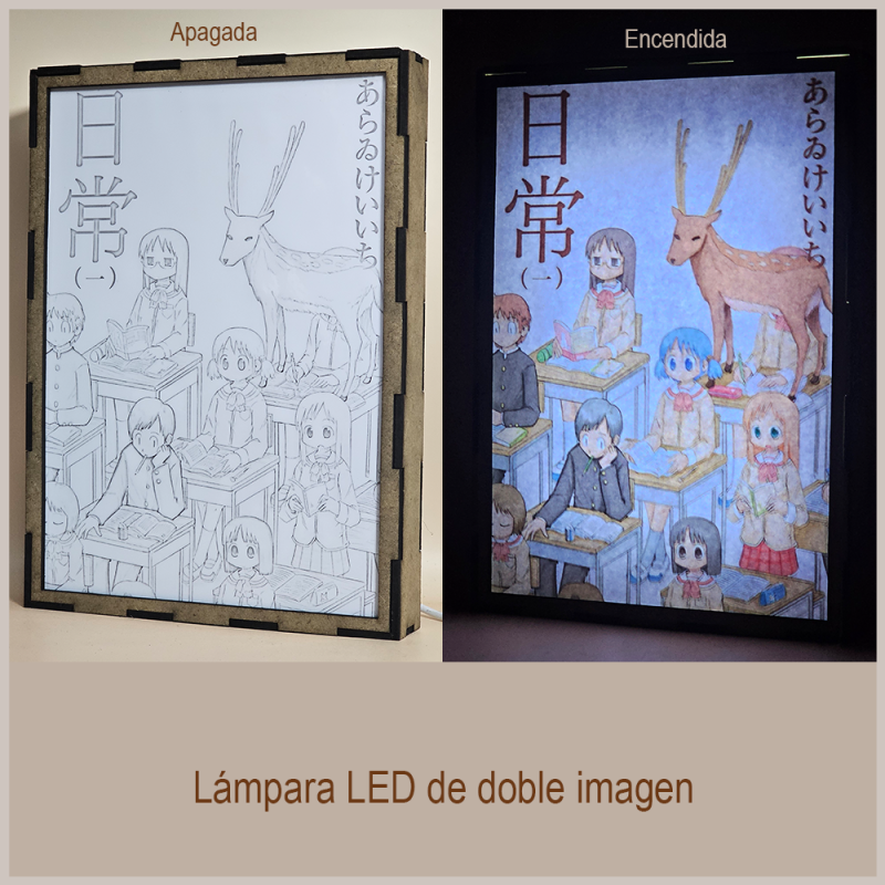 Lámpara ánime/manga  Nichijou  con doble imagen del grupo Yuuko Aioi, Sakamoto, Mai Minakami, Nano Shinonome, Mio Naganohara y Koujirou Sasahara, vista apagada y encendida, donde se revela la ilustración completa al encender la luz LED.