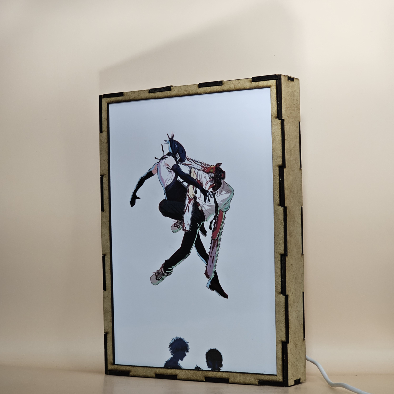 Lámpara ánime/manga  Chainsaw Man  con doble imagen del grupo Denji, Makima, Power, Aki Hayakawa, Himeno, Kobeni Higashiyama, Hirokazu Arai y Reze, vista apagada, se esconde la imágen de atras.