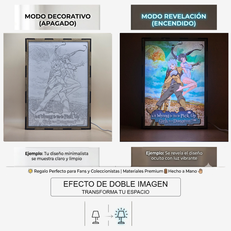 Lámpara ánime/manga  DanMachi  con doble imagen de la pareja Bell Cranel y Hestia, vista apagada y encendida, donde se revela la ilustración completa al encender la luz LED.