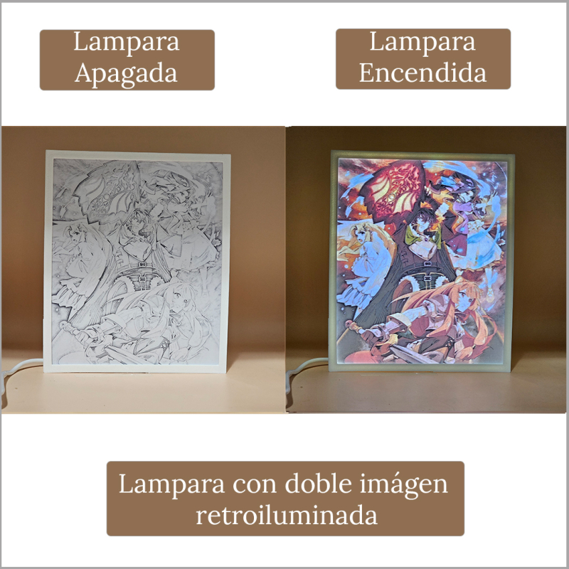 Lámpara ánime/manga  El héroe del escudo  con doble imagen del grupo Naofumi Iwatani, Raphtalia, Melty Q. Melromarc y Filo, vista apagada y encendida, donde se revela la ilustración completa al encender la luz LED.