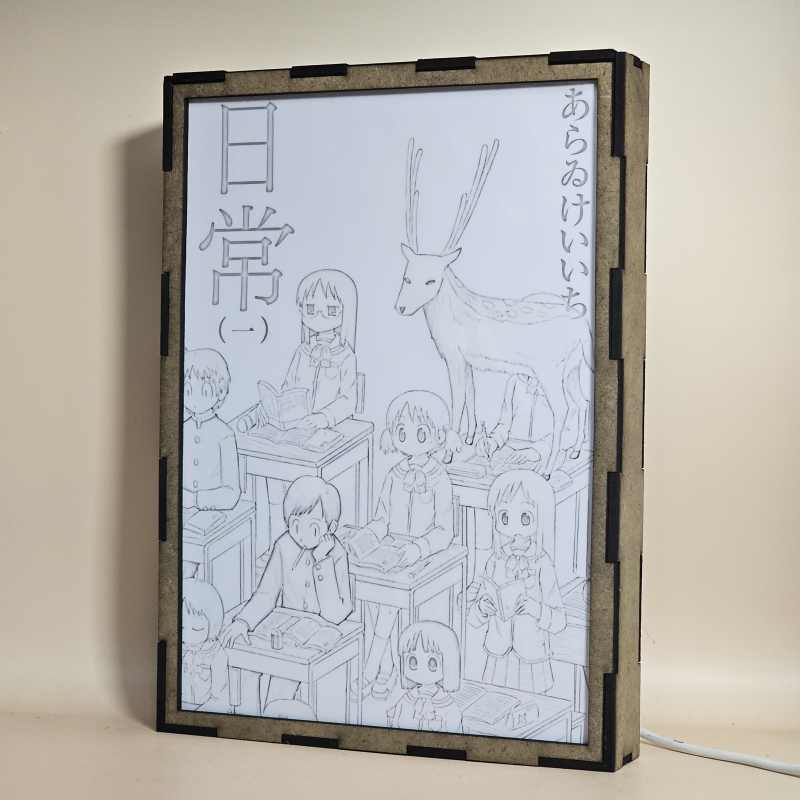 Lámpara ánime/manga  Nichijou  con doble imagen del grupo Yuuko Aioi, Sakamoto, Mai Minakami, Nano Shinonome, Mio Naganohara y Koujirou Sasahara, vista apagada, se esconde la imágen de atras.