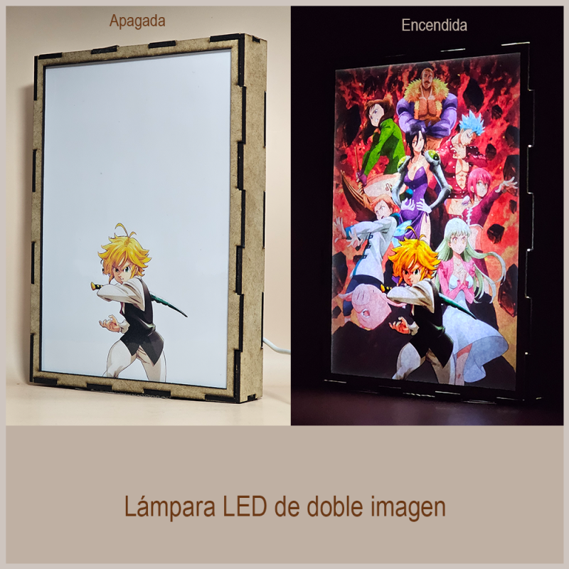 Lámpara ánime/manga  Los Siete Pecados Capitales  con doble imagen del grupo Ban, Diane, Elizabeth Liones, Meliodas, Escanor, Merlín, Gowther, King y Hawk, vista apagada y encendida, donde se revela la ilustración completa al encender la luz LED.