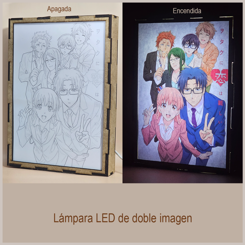 Lámpara ánime/manga  Wotakoi: El amor es difícil para los otakus  con doble imagen del grupo Hirotaka Nifuji, Hanako Koyanagi, Tarō Kabakura, Narumi Momose, Naoya Nifuji y Kō Sakuragi, vista apagada y encendida, donde se revela la ilustración completa al encender la luz LED.