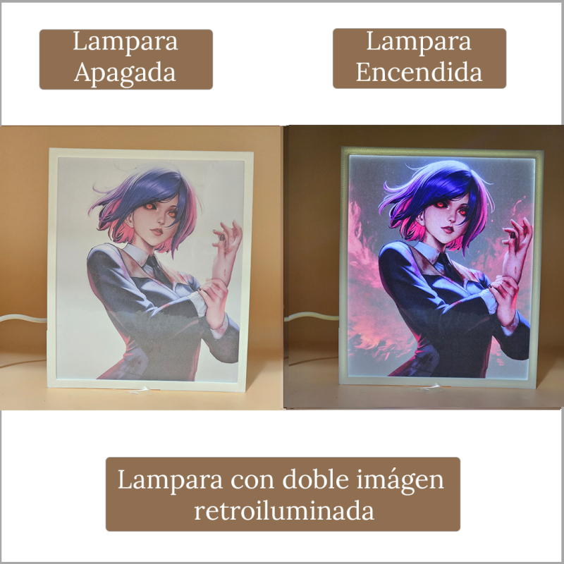 Lámpara ánime/manga  Tokyo Ghoul  con doble imagen del personaje Touka Kirishima, vista apagada y encendida, donde se revela la ilustración completa al encender la luz LED.