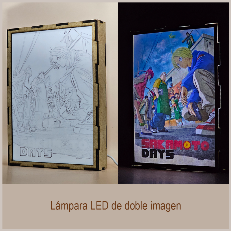 Lámpara ánime/manga  Sakamoto Days  con doble imagen del grupo Taro Sakamoto, Shin Asakura, Lu Shaotang, Yoichi Nagumo, Aoi Sakamoto, Hana Sakamoto y Heisuke Mashimo, vista apagada y encendida, donde se revela la ilustración completa al encender la luz LED.
