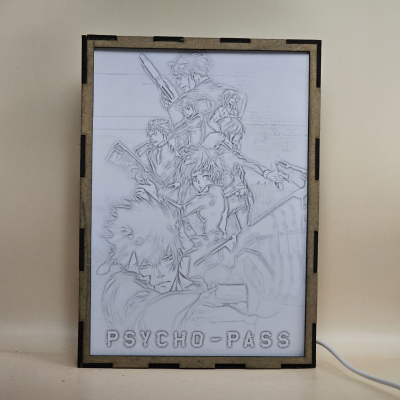 Lámpara ánime/manga  Psycho-Pass  con doble imagen del grupo Shinya Kogami, Akane Tsunemori, Nobuchika Ginoza, Shūsei Kagari, Tomomi Masaoka, Shion Karanomori y Yayoi Kunizuka, vista apagada, se esconde la imágen de atras.