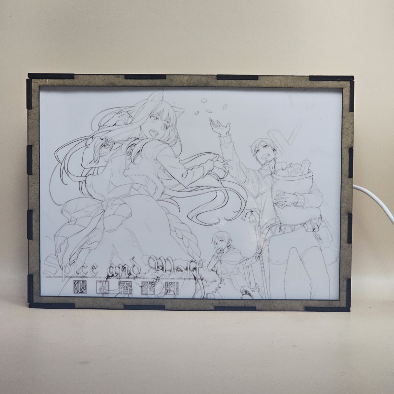 Lámpara ánime/manga  Spice and Wolf  con doble imagen del grupo Holo, Kraft Lawrence y Elsa Schieri, vista apagada, se esconde la imágen de atras.