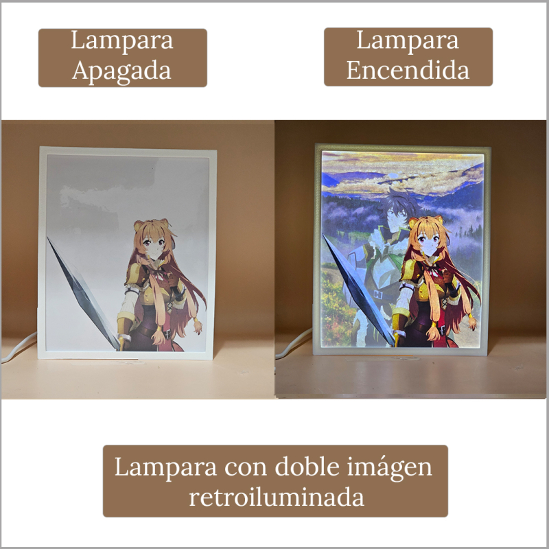 Lámpara ánime/manga  El héroe del escudo  con doble imagen de la pareja Naofumi Iwatani y Raphtalia, vista apagada y encendida, donde se revela la ilustración completa al encender la luz LED.