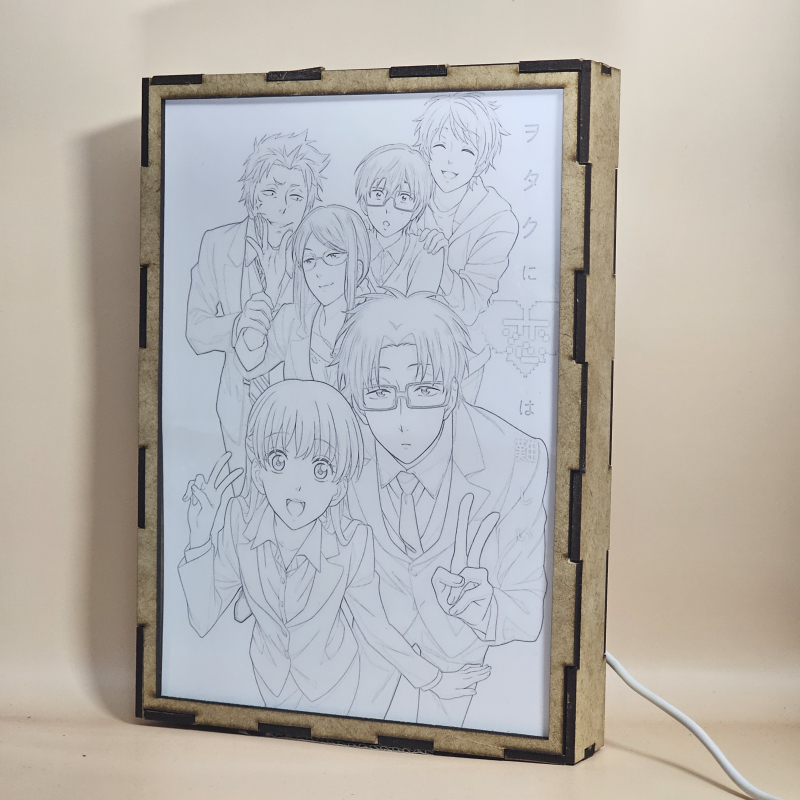 Lámpara ánime/manga  Wotakoi: El amor es difícil para los otakus  con doble imagen del grupo Hirotaka Nifuji, Hanako Koyanagi, Tarō Kabakura, Narumi Momose, Naoya Nifuji y Kō Sakuragi, vista apagada, se esconde la imágen de atras.