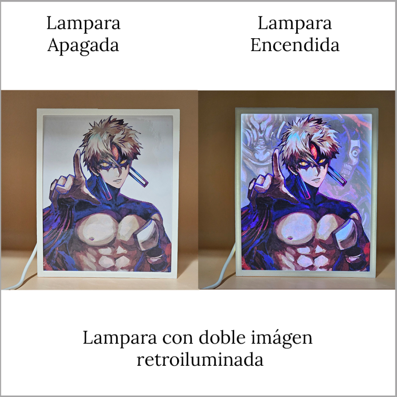 Lámpara ánime/manga  DAN DA DAN  con doble imagen del personaje Evil Eye y Jiji, vista apagada y encendida, donde se revela la ilustración completa al encender la luz LED.