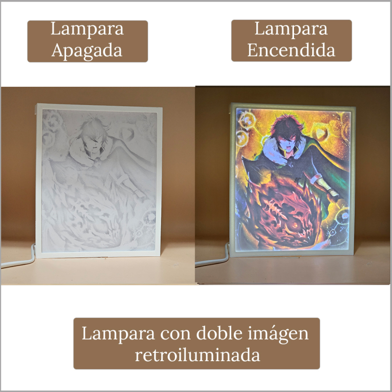 Lámpara ánime/manga  El héroe del escudo  con doble imagen del personaje Naofumi Iwatani, vista apagada y encendida, donde se revela la ilustración completa al encender la luz LED.
