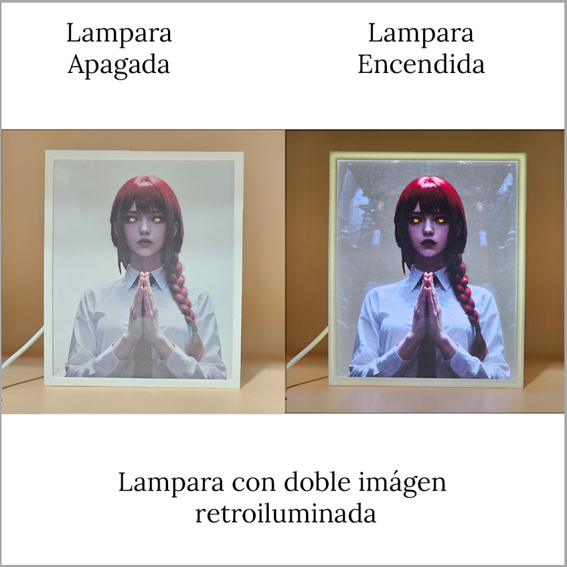 Lámpara ánime/manga  Chainsaw Man  con doble imagen del personaje Makima, vista apagada y encendida, donde se revela la ilustración completa al encender la luz LED.