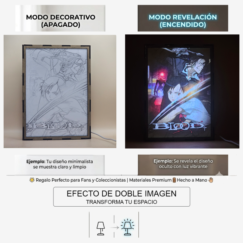 Lámpara ánime/manga  Blood+  con doble imagen de la pareja Saya Otonashi y Hagi, vista apagada y encendida, donde se revela la ilustración completa al encender la luz LED.