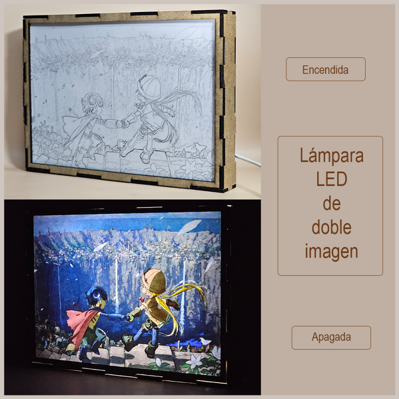 Lámpara ánime/manga  Made in Abyss  con doble imagen de la pareja Riko y Reg, vista apagada y encendida, donde se revela la ilustración completa al encender la luz LED.