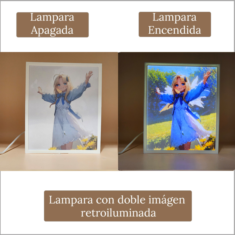 Lámpara ánime/manga  El héroe del escudo  con doble imagen del personaje Filo, vista apagada y encendida, donde se revela la ilustración completa al encender la luz LED.