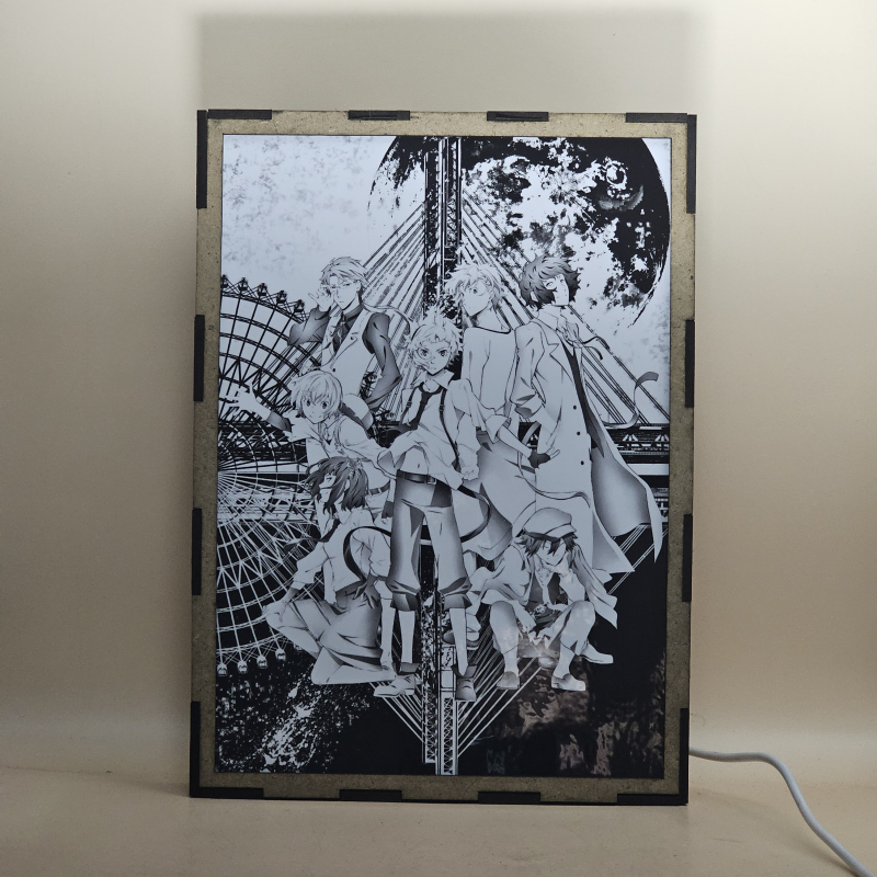 Lámpara ánime/manga  Bungo Stray Dogs  con doble imagen del grupo Atsushi Nakajima, Osamu Dazai, Doppo Kunikida, Kenji Miyazawa, Jun'ichirō Tanizaki, Akiko Yosano y Ranpo Edogawa, vista apagada, se esconde la imágen de atras.