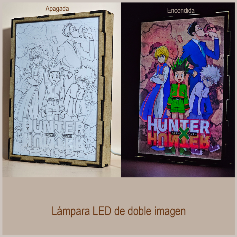Lámpara ánime/manga  Hunter × Hunter  con doble imagen del grupo Gon Freecss, Killua Zoldyck, Kurapika y Leorio Paradinight, vista apagada y encendida, donde se revela la ilustración completa al encender la luz LED.